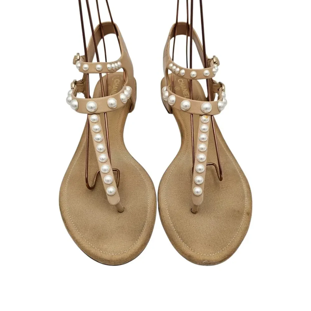 Chanel CC Pearl Flat T Strap Thong Sandal Beige Tan Leather Size 39.5 C US 8.5 9